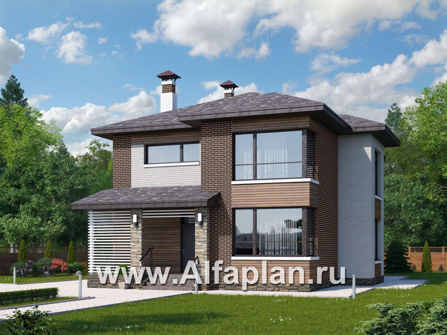 Проекты домов Альфаплан - «Эридан» - красивый проект двухэтажного дома, с террасой, в современном стиле - основное изображение