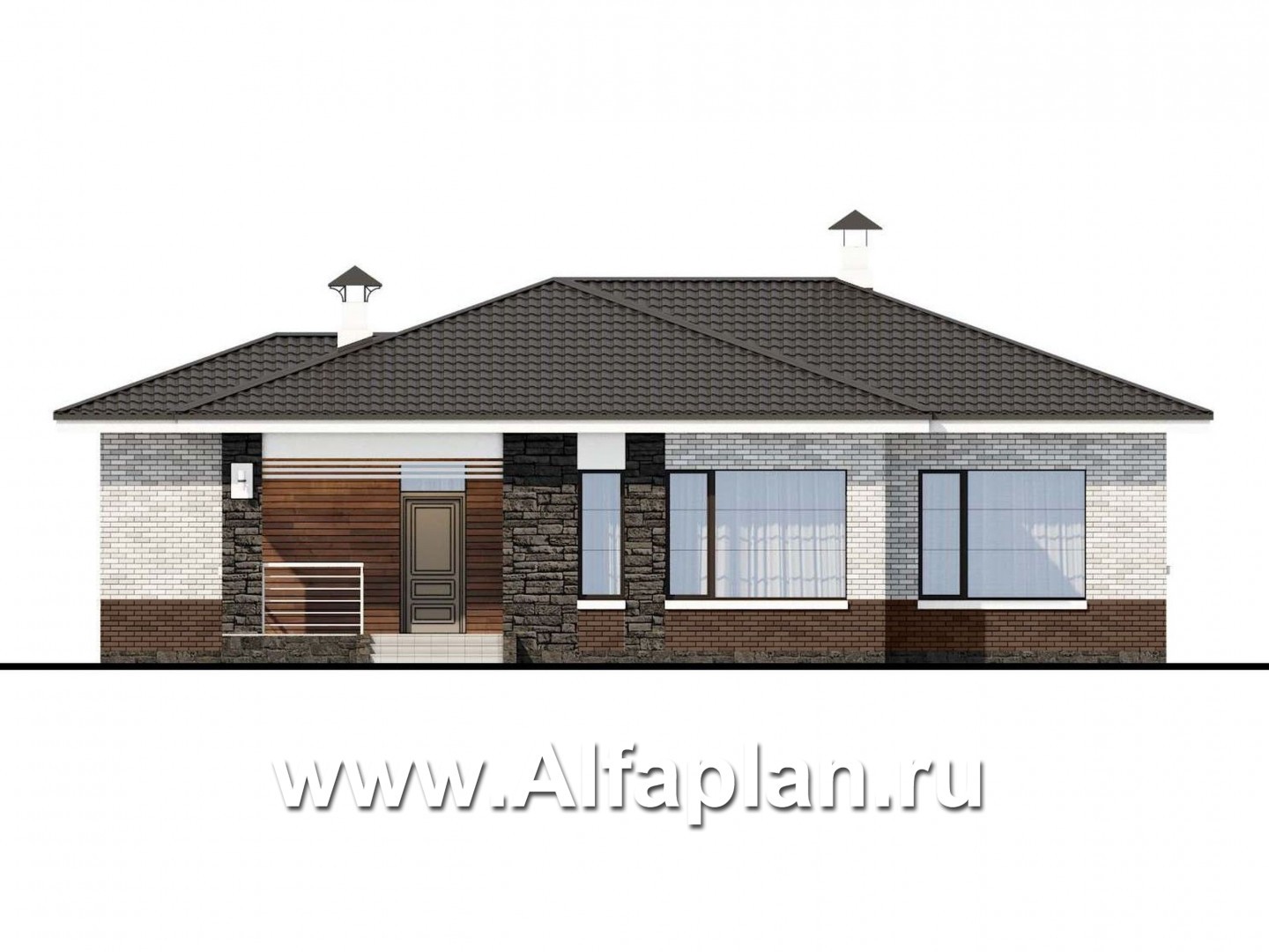 Проекты домов Альфаплан - «Наяда» - проект одноэтажного дома из газобетона, с террасой, в современном стиле - изображение фасада №1