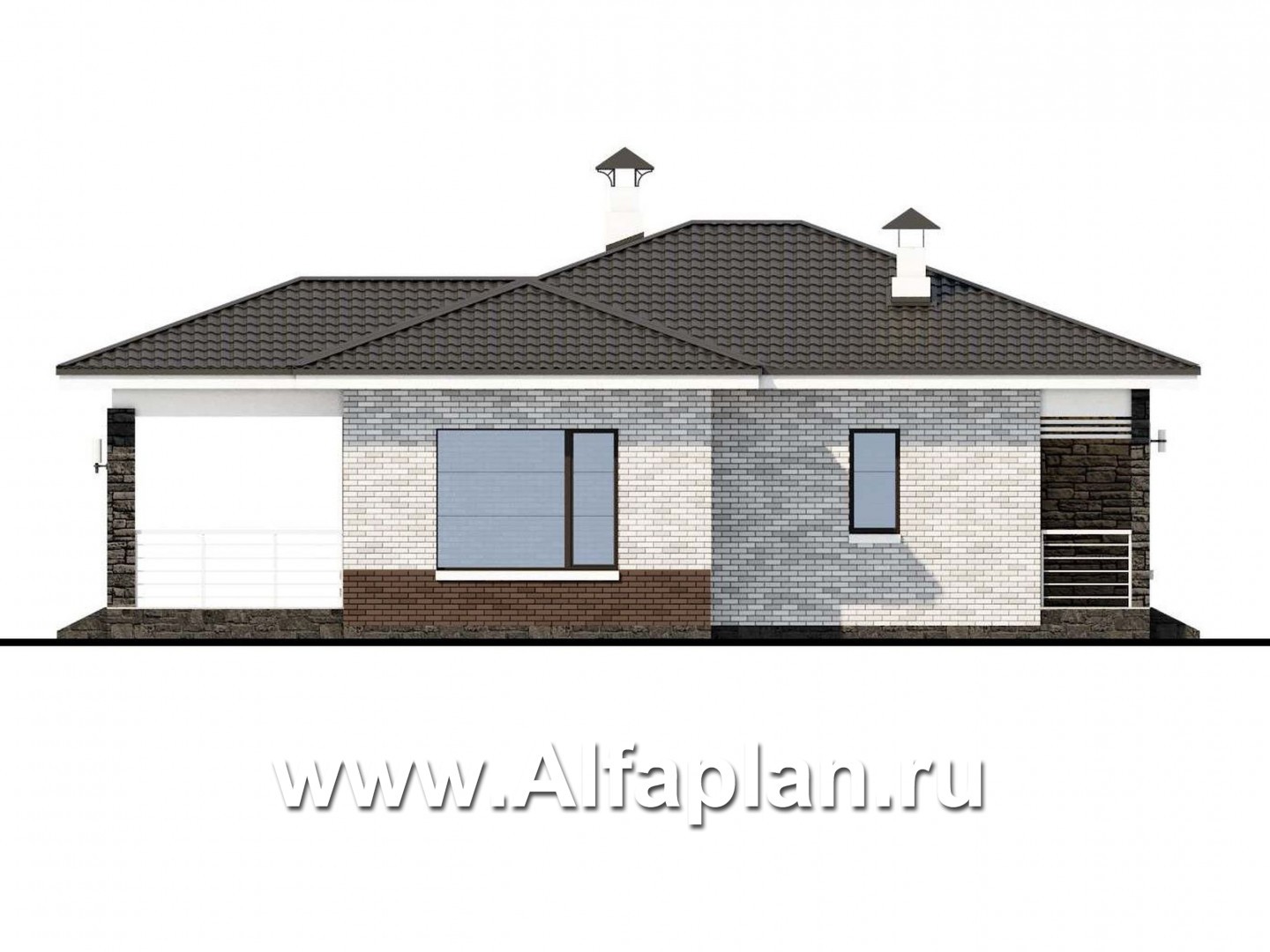 Проекты домов Альфаплан - «Наяда» - проект одноэтажного дома из газобетона, с террасой, в современном стиле - изображение фасада №3