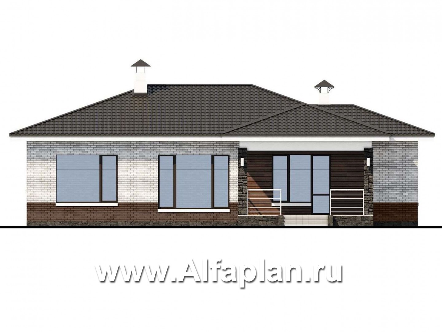 Проекты домов Альфаплан - «Наяда» - проект одноэтажного дома из газобетона, с террасой, в современном стиле - изображение фасада №4