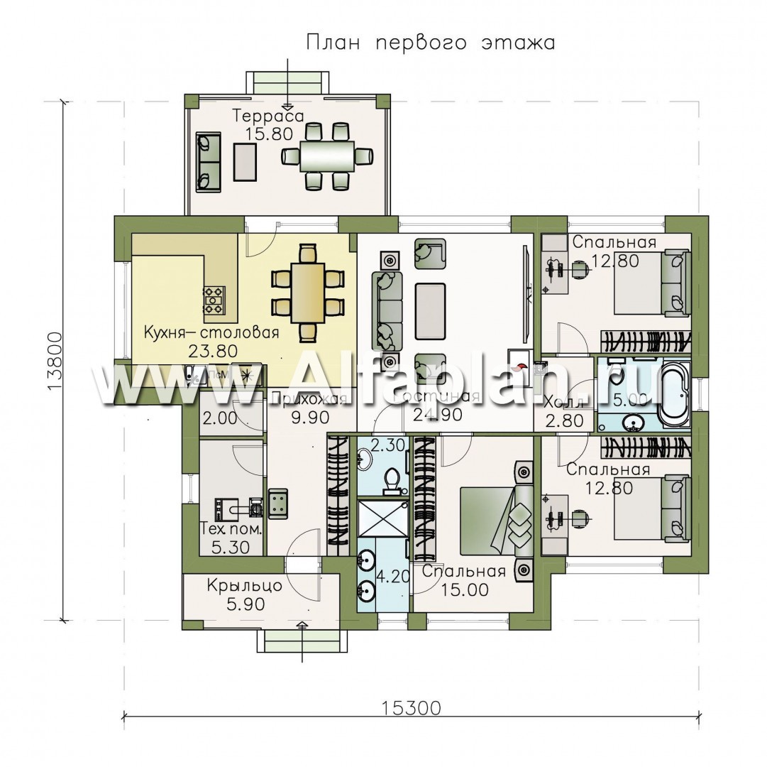 Проекты домов Альфаплан - «Наяда» - проект одноэтажного дома из газобетона, с террасой, в современном стиле - план проекта №1