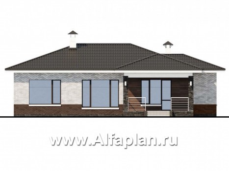 Проекты домов Альфаплан - «Наяда» - проект одноэтажного дома из газобетона, с террасой, в современном стиле - превью фасада №4