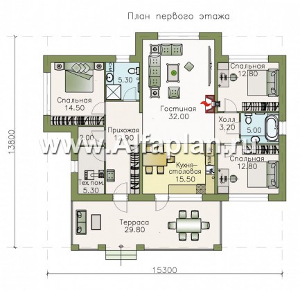 Проекты домов Альфаплан - «Талия» - современный одноэтажный коттедж с террасой - превью плана проекта №1