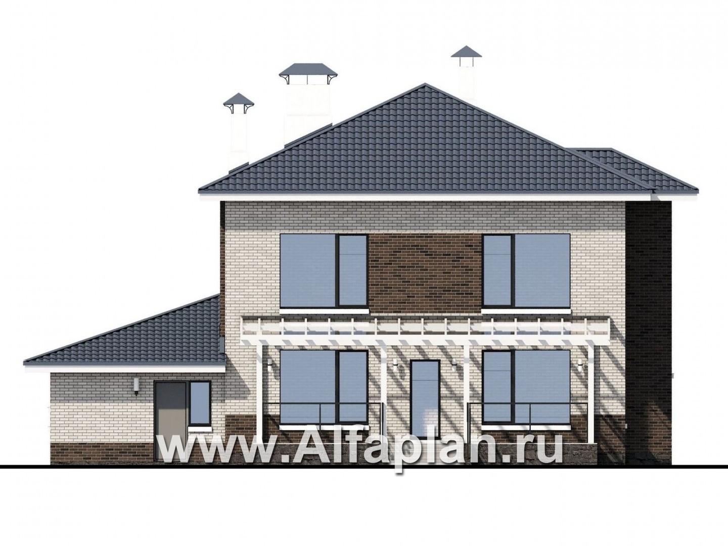 Проекты домов Альфаплан - «Вязьма»- проект двухэтажного дома из газобетона, планировка с двусветной гостиной, с террасой и с гаражом - изображение фасада №4