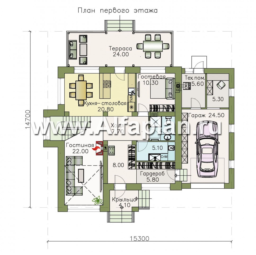 Проекты домов Альфаплан - «Вязьма»- проект двухэтажного дома из газобетона, планировка с двусветной гостиной, с террасой и с гаражом - план проекта №1