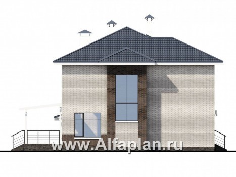 Проекты домов Альфаплан - «Вязьма»- проект двухэтажного дома из газобетона, планировка с двусветной гостиной, с террасой и с гаражом - превью фасада №3