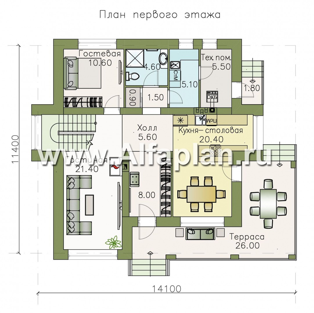 Проекты домов Альфаплан - «Роман с камнем» — двухэтажный коттедж с террасой при входе - изображение плана проекта №1