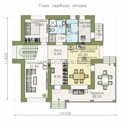 «Роман с камнем» — проект двухэтажного дома из газобетона, планировка дома с террасой при входе - превью план дома