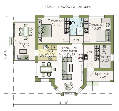 «Гемера» - проект одноэтажного дома, из газобетона, с эркером и террасой - превью план дома