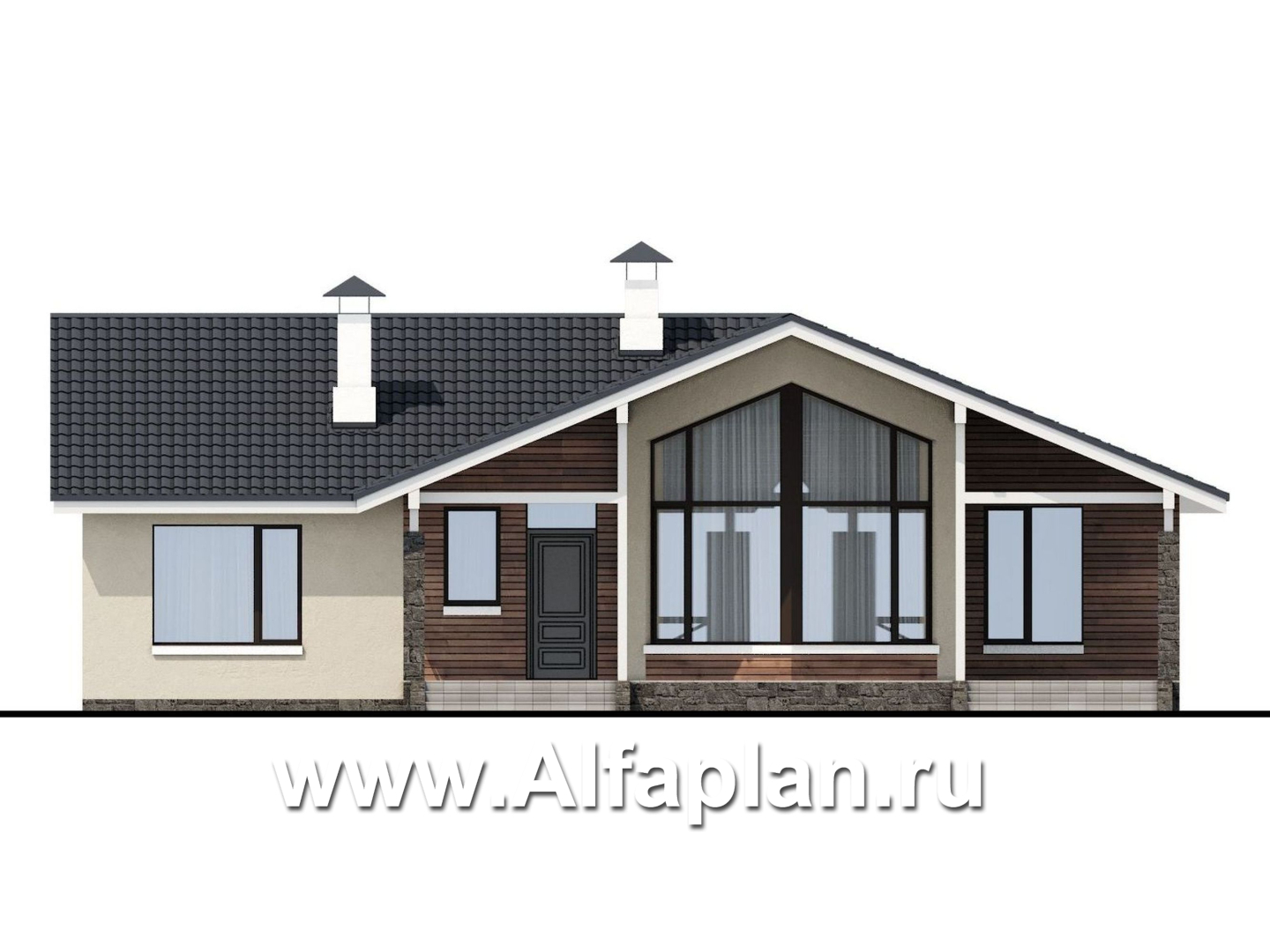 Проекты домов Альфаплан - «Яркий мир» - одноэтажный дом с высокой гостиной и просторной террасой - изображение фасада №1