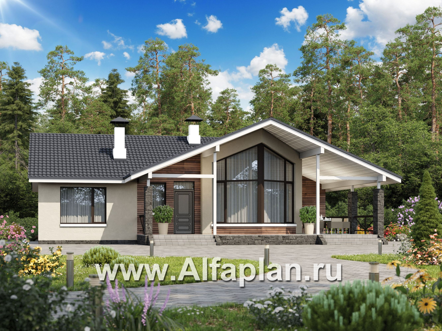Проекты домов Альфаплан - «Яркий мир» - одноэтажный дом с высокой гостиной и просторной террасой - основное изображение