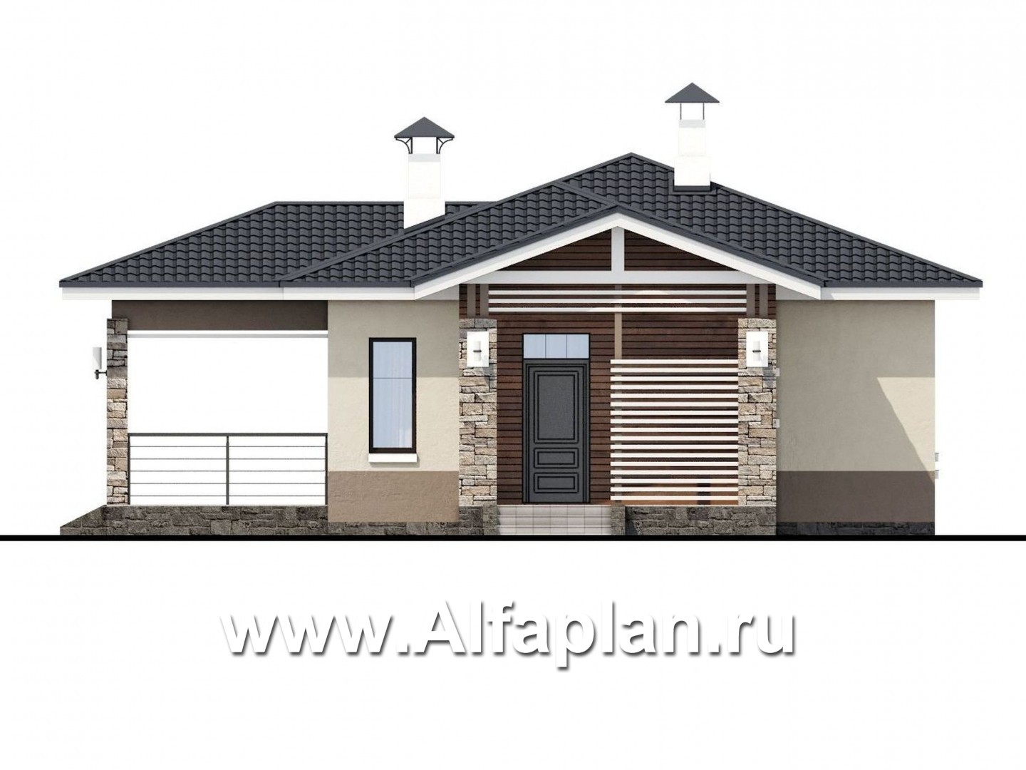 Проекты домов Альфаплан - «Мелета» - проект одноэтажного дома из газобетона, 2 спальни, с террасой, в современном стиле - изображение фасада №1