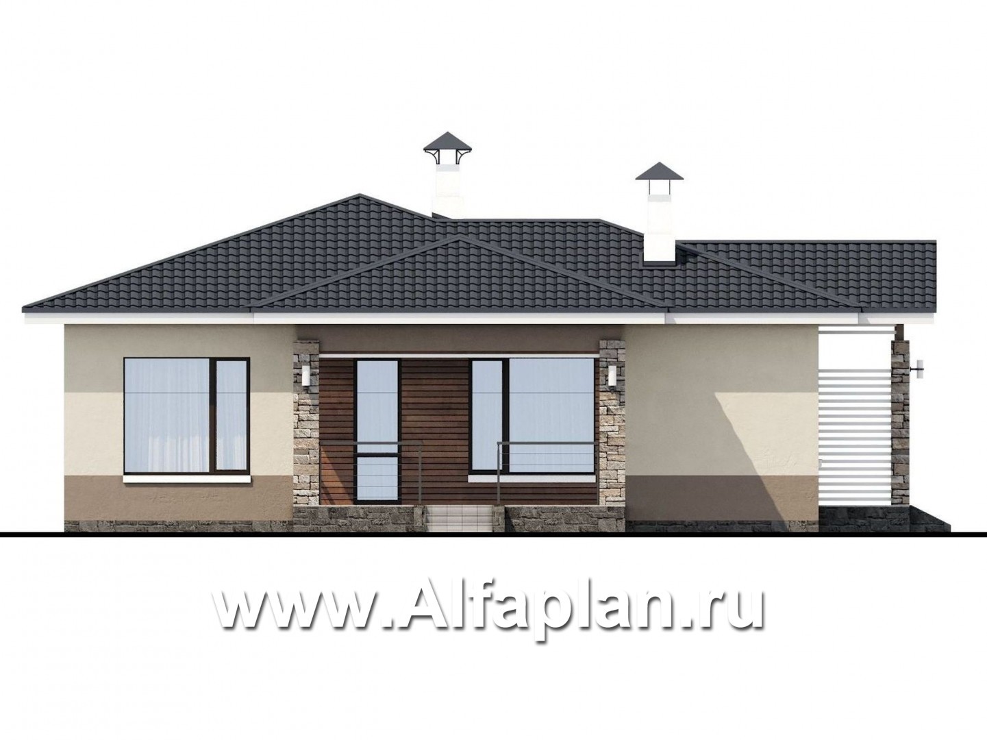 Проекты домов Альфаплан - «Мелета» - проект одноэтажного дома из газобетона, 2 спальни, с террасой, в современном стиле - изображение фасада №3