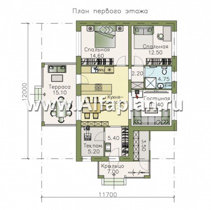 Проекты домов Альфаплан - «Мелета» - проект одноэтажного дома из газобетона, 2 спальни, с террасой, в современном стиле - превью плана проекта №1