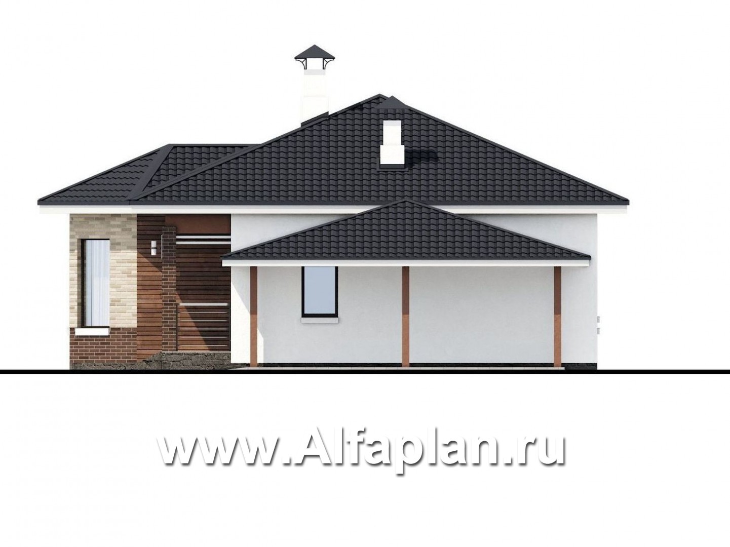Проекты домов Альфаплан - «Гемера» - проект одноэтажного дома, из газобетона, с эркером и террасой, навес на 1 авто - изображение фасада №2