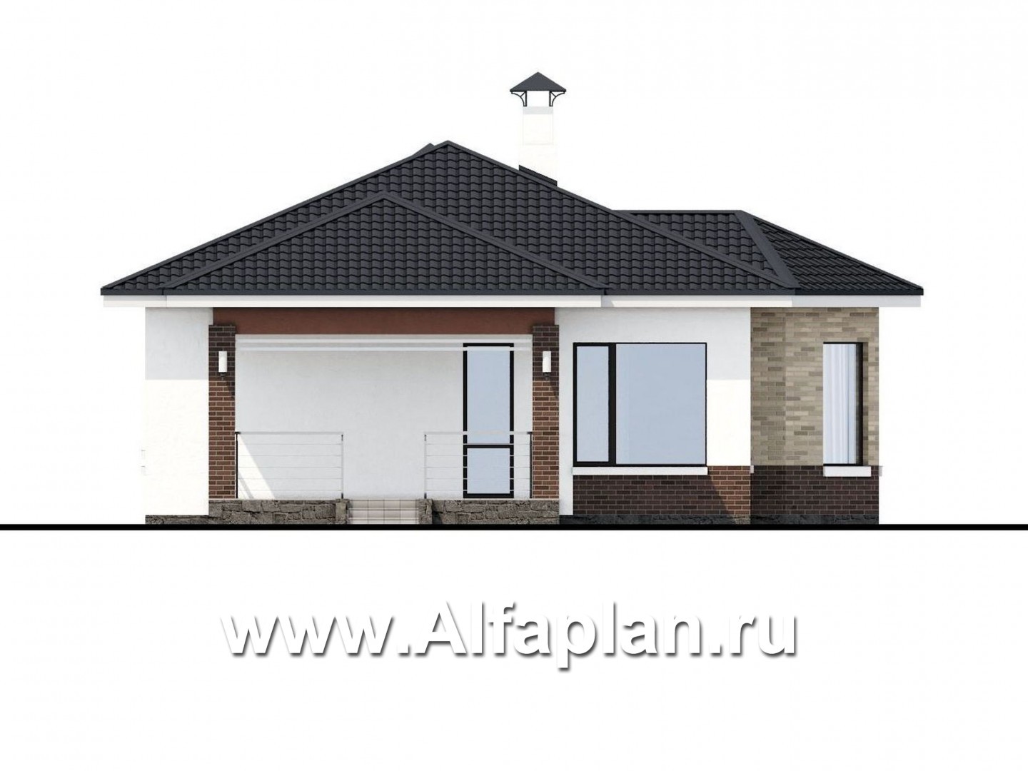Проекты домов Альфаплан - «Гемера» - проект одноэтажного дома, из газобетона, с эркером и террасой, навес на 1 авто - изображение фасада №3