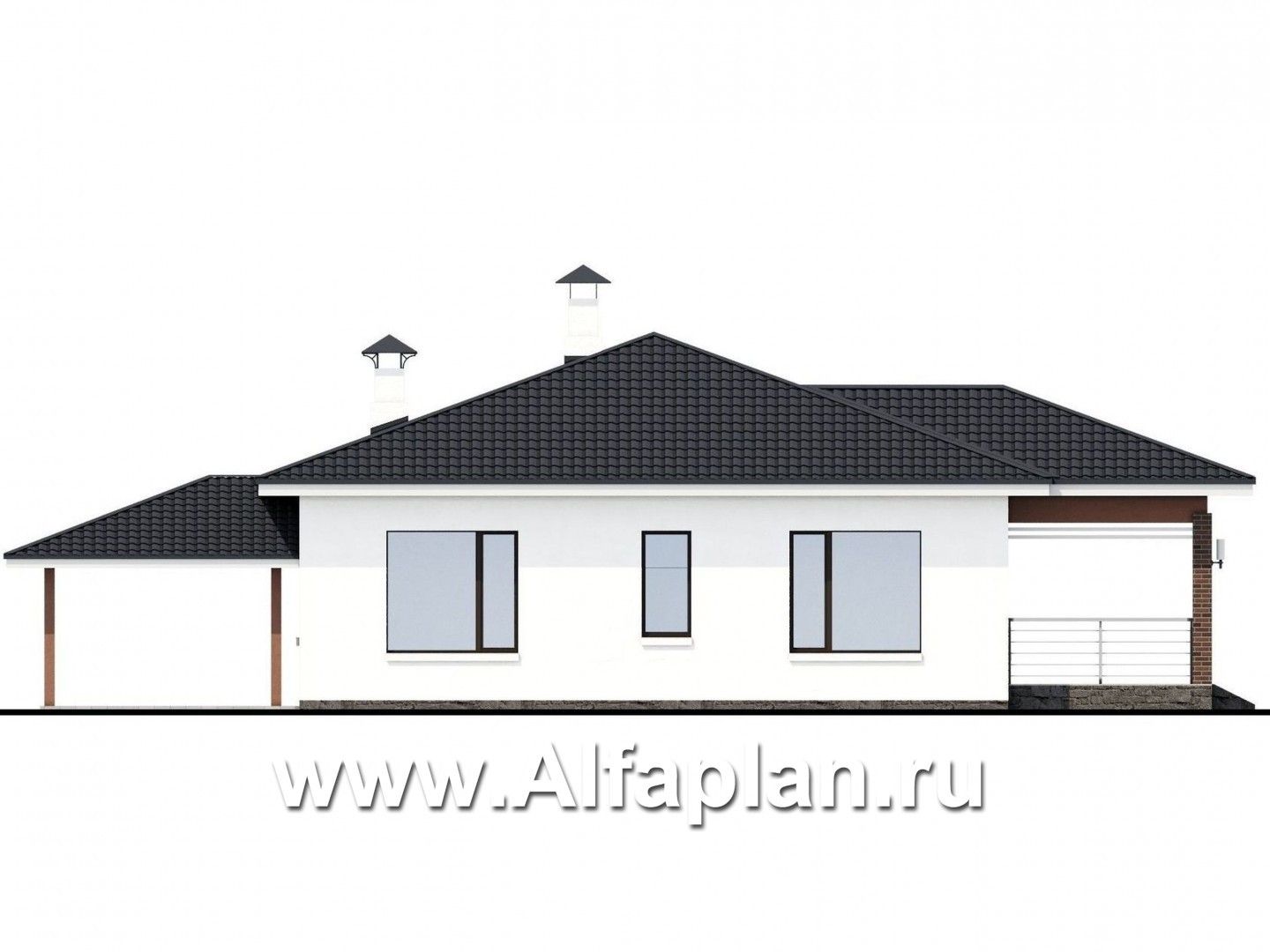 Проекты домов Альфаплан - «Гемера» - проект одноэтажного дома, из газобетона, с эркером и террасой, навес на 1 авто - изображение фасада №4