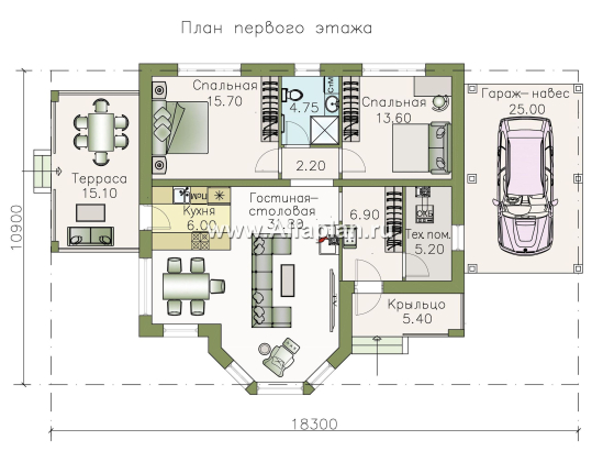 «Гемера» - проект одноэтажного дома, из газобетона, с эркером и террасой, навес на 1 авто - превью план дома