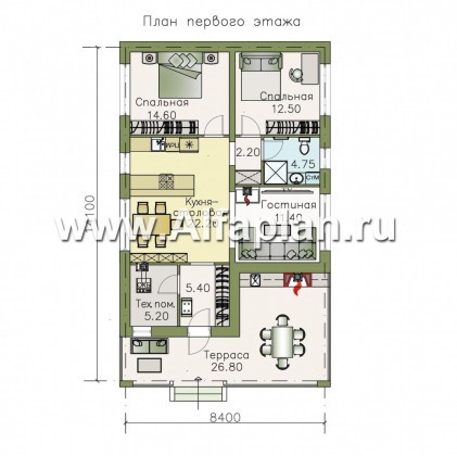 «Мелета» - проект одноэтажного дома из газобетона, 3 спальни, с террасой, в современном стиле - превью план дома