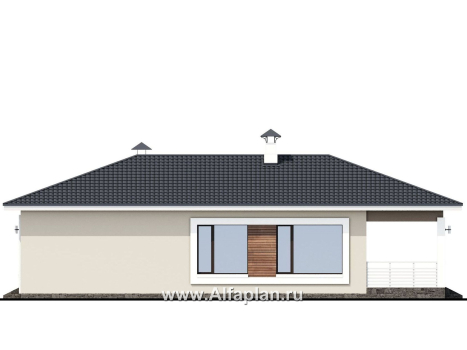 «Каллиопа» - проект одноэтажного дома для узкого участка, 2 спальни, с террасой, в современном стиле - превью фасада дома