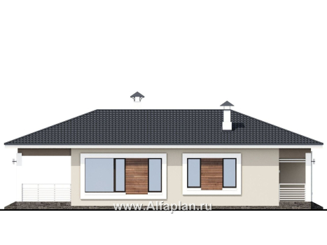 «Каллиопа» - проект одноэтажного дома для узкого участка, 2 спальни, с террасой, в современном стиле - превью фасада дома