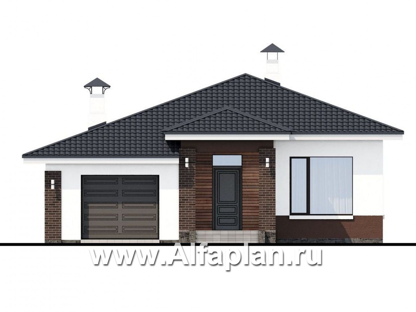 Проекты домов Альфаплан - «Каллиопа» - одноэтажный дом с террасой и гаражом (две спальни) - изображение фасада №1