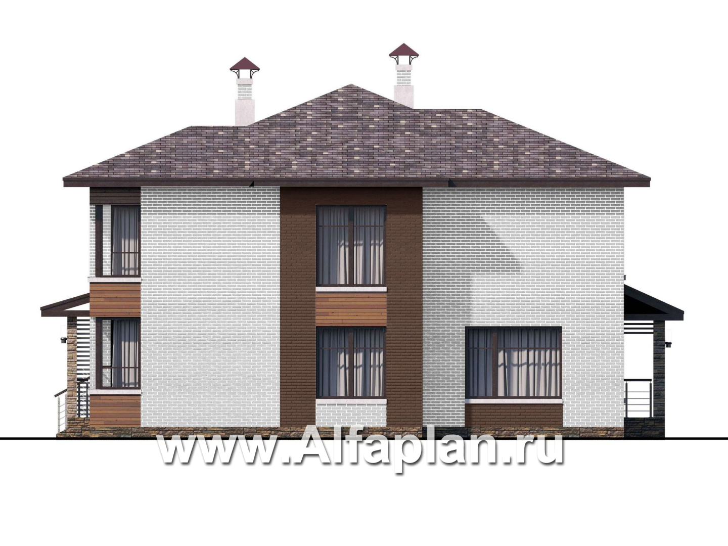 Проекты домов Альфаплан - «Эридан» - красивый проект двухэтажного дома, с двусветной гостиной и с террасой, в современном стиле - изображение фасада №2