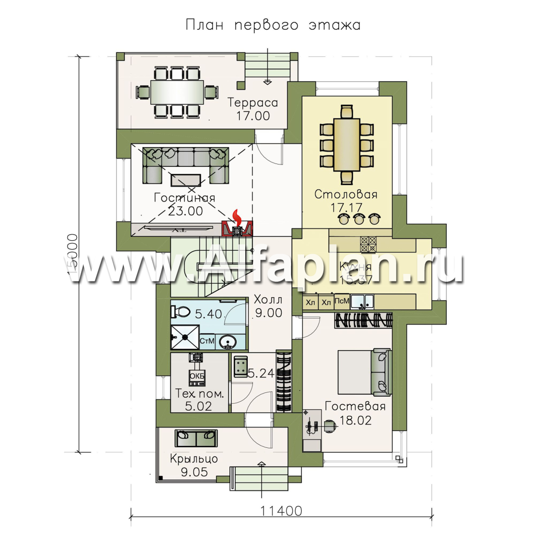 Проекты домов Альфаплан - «Эридан» - красивый проект двухэтажного дома, с двусветной гостиной и с террасой, в современном стиле - изображение плана проекта №1
