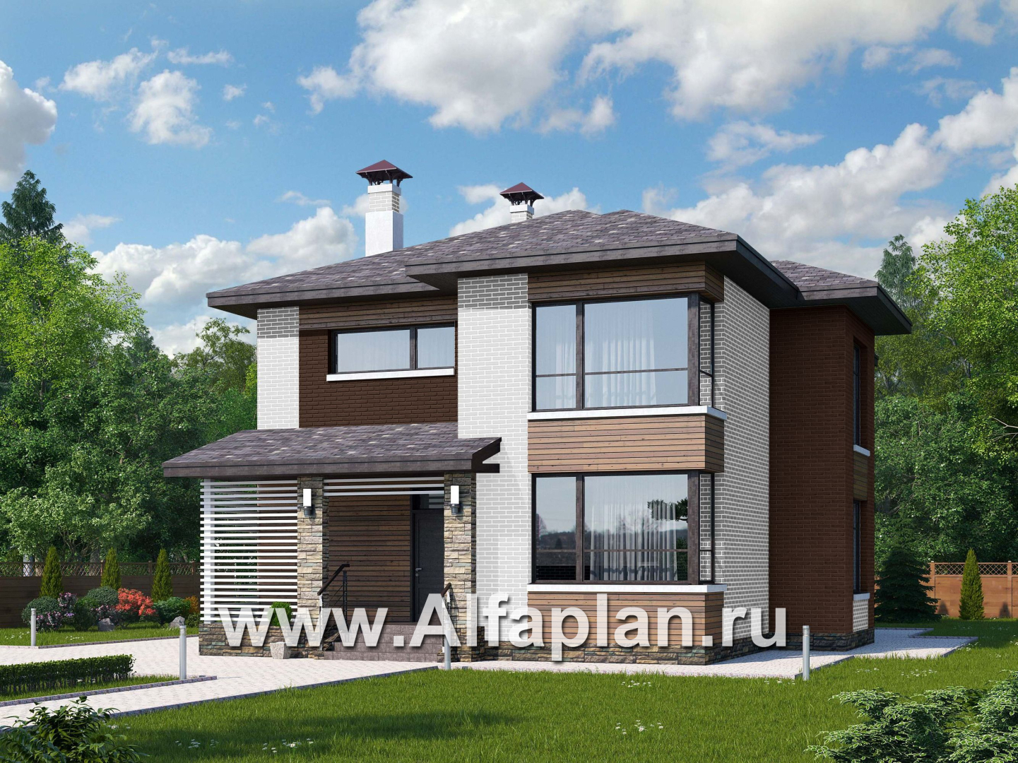 Проекты домов Альфаплан - «Эридан» - красивый проект двухэтажного дома, с двусветной гостиной и с террасой, в современном стиле - основное изображение