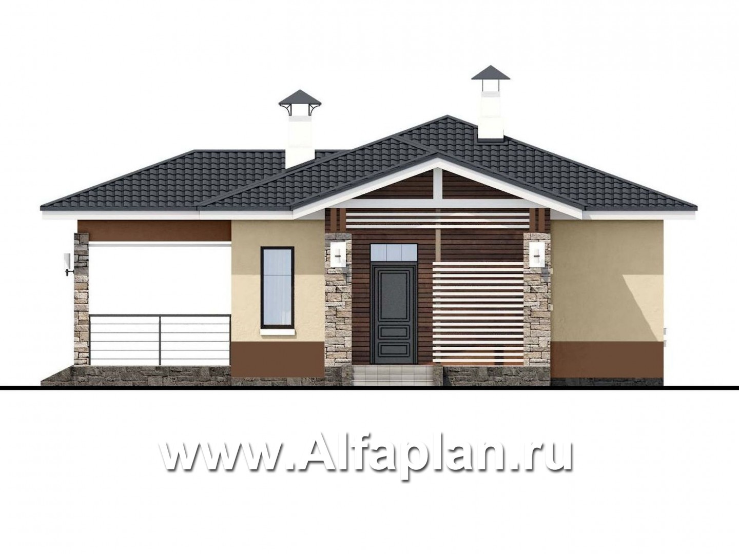 Проекты домов Альфаплан - «Мелета» - проект одноэтажного дома из газобетона, 3 спальни, с террасой, в современном стиле - изображение фасада №1