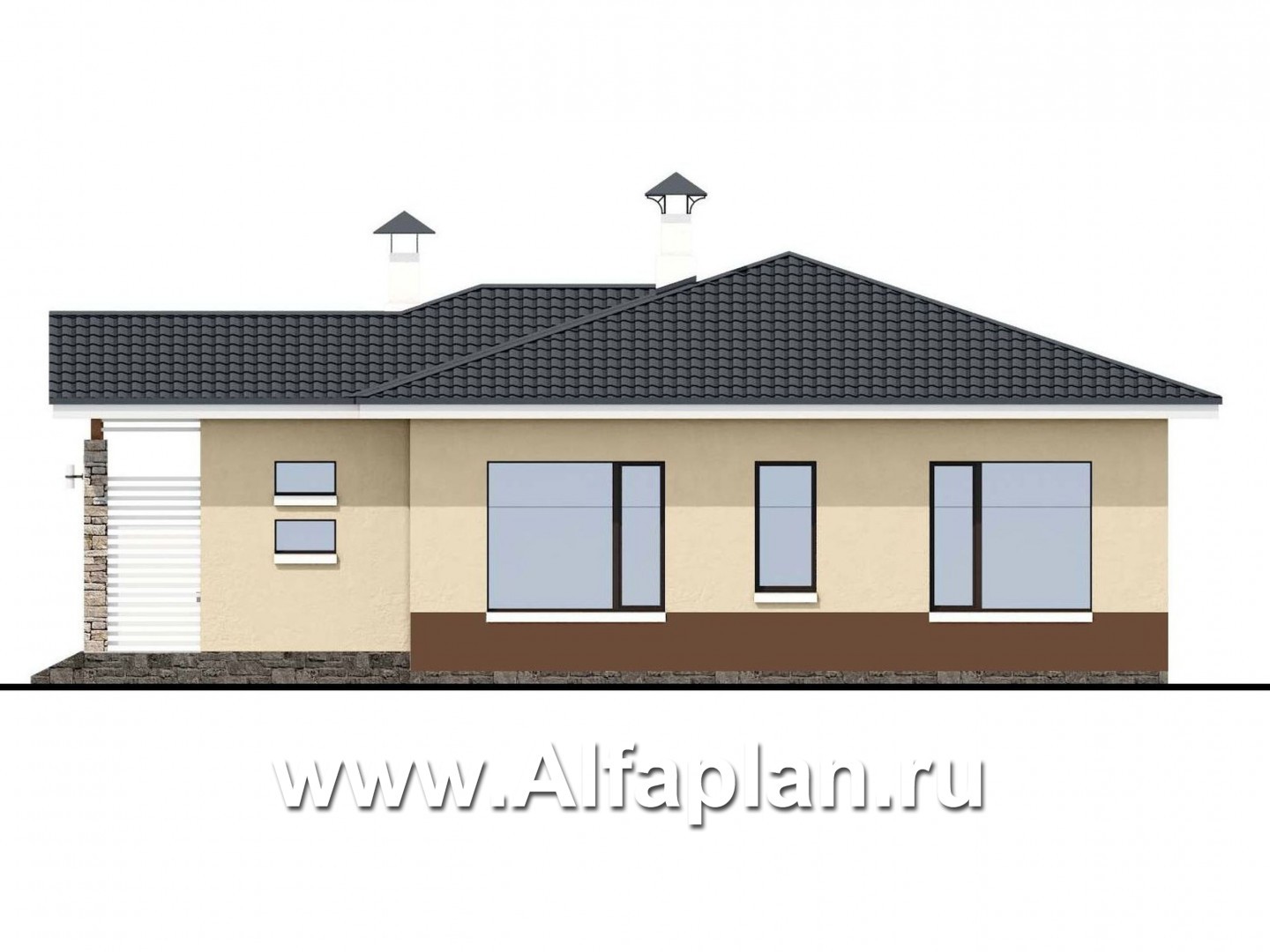 Проекты домов Альфаплан - «Мелета» - проект одноэтажного дома из газобетона, 3 спальни, с террасой, в современном стиле - изображение фасада №2
