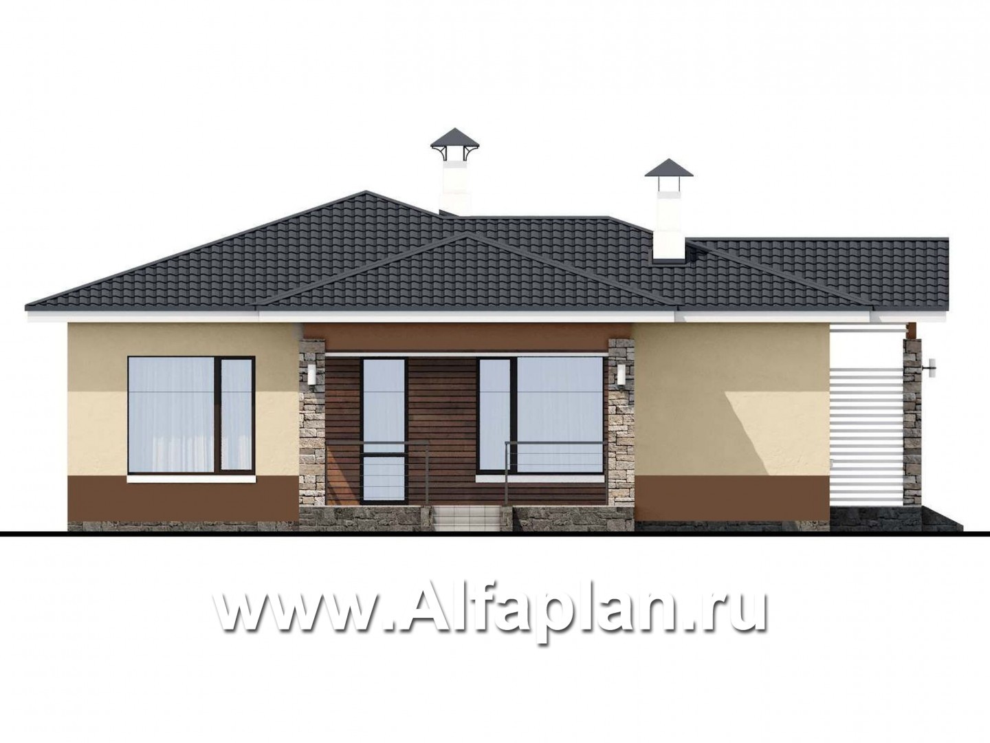 Проекты домов Альфаплан - «Мелета» - проект одноэтажного дома из газобетона, 3 спальни, с террасой, в современном стиле - изображение фасада №3