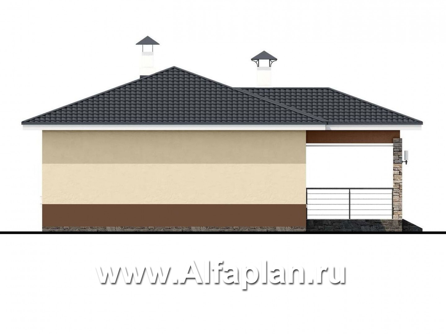 Проекты домов Альфаплан - «Мелета» - проект одноэтажного дома из газобетона, 3 спальни, с террасой, в современном стиле - изображение фасада №4