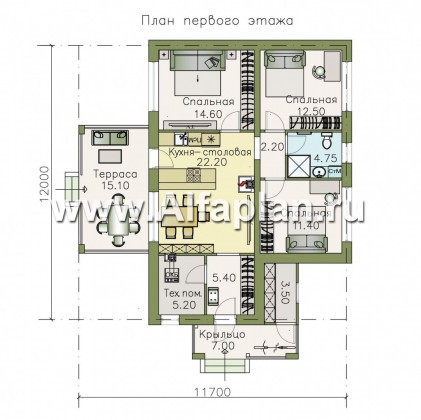 Проекты домов Альфаплан - «Мелета» - проект одноэтажного дома из газобетона, 3 спальни, с террасой, в современном стиле - превью плана проекта №1