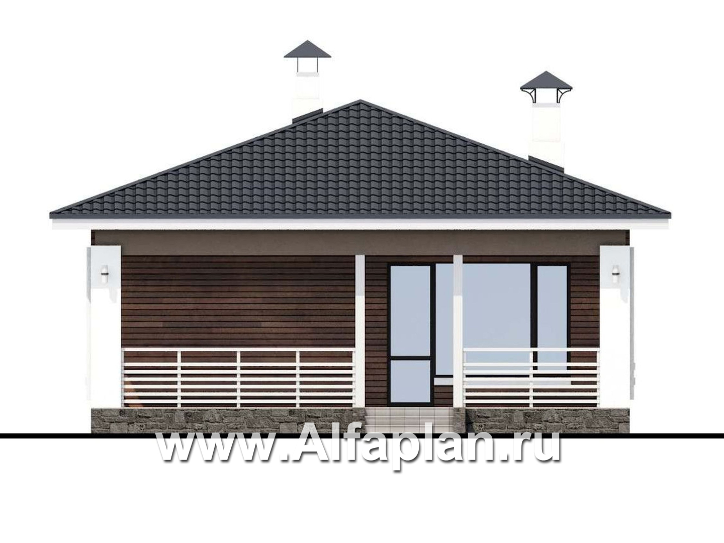 Проекты домов Альфаплан - «Каллиопа» - проект одноэтажного дома для узкого участка, 3 спальни, с террасой, в современном стиле - изображение фасада №4