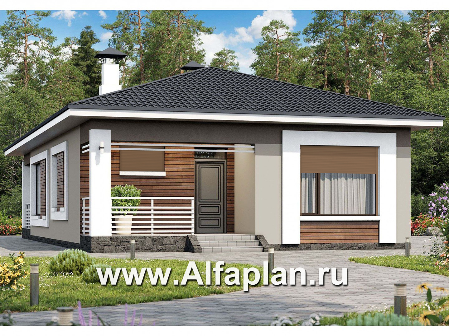 Проекты домов Альфаплан - «Каллиопа» - проект одноэтажного дома для узкого участка, 3 спальни, с террасой, в современном стиле - основное изображение