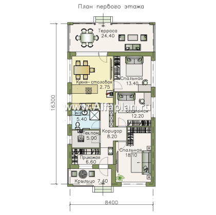 Проекты домов Альфаплан - «Каллиопа» - проект одноэтажного дома для узкого участка, 3 спальни, с террасой, в современном стиле - превью плана проекта №1