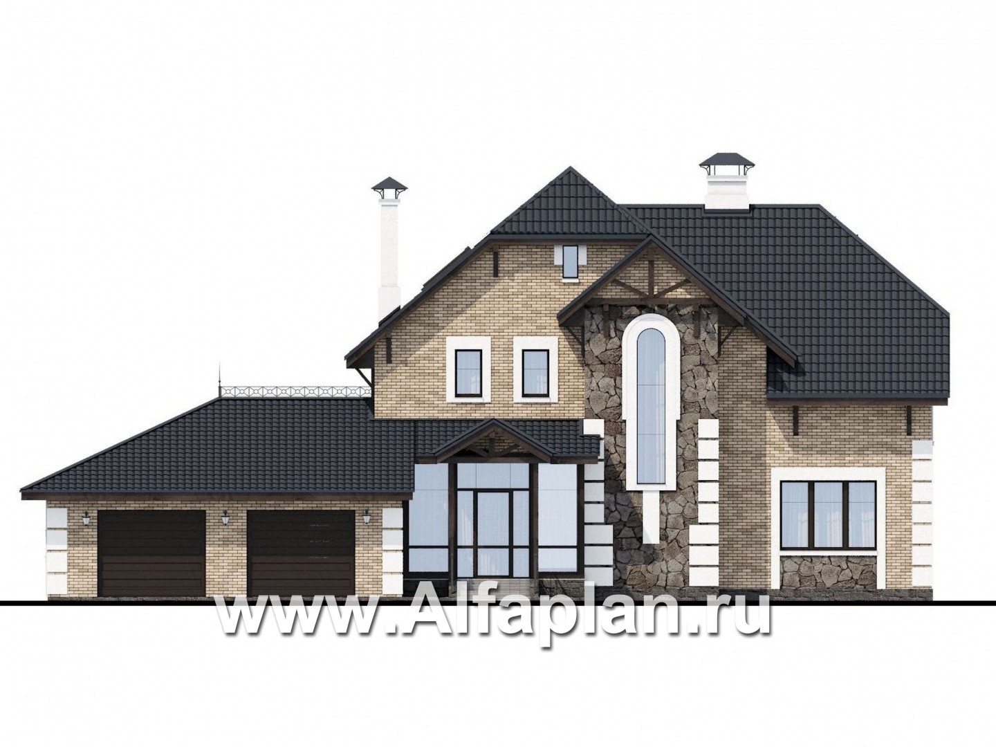 Проекты домов Альфаплан - «Ясная поляна»- коттедж для большой семьи с гаражом на два автомобиля - изображение фасада №1