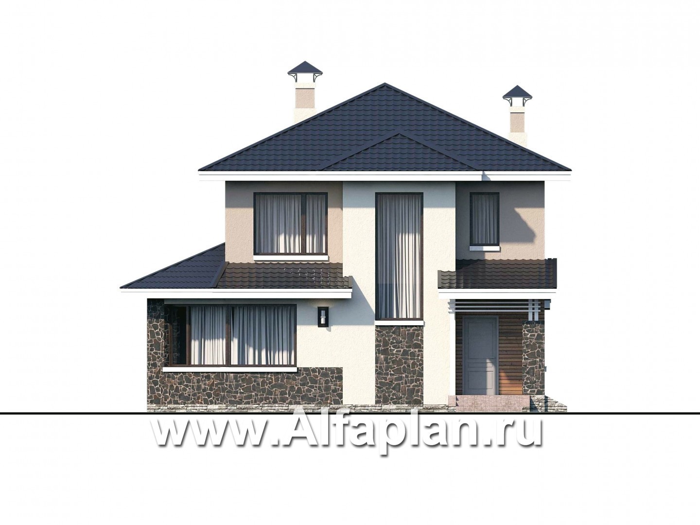 Проекты домов Альфаплан - «Сердцеед» - проект двухэтажного дома из газобетона, с гостиной в форме кристалла и с террасой - изображение фасада №1