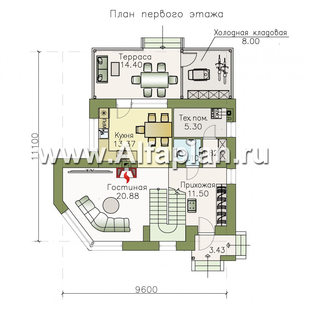 Проекты домов Альфаплан - «Сердцеед» - проект двухэтажного дома из газобетона, с гостиной в форме кристалла и с террасой - план проекта №1