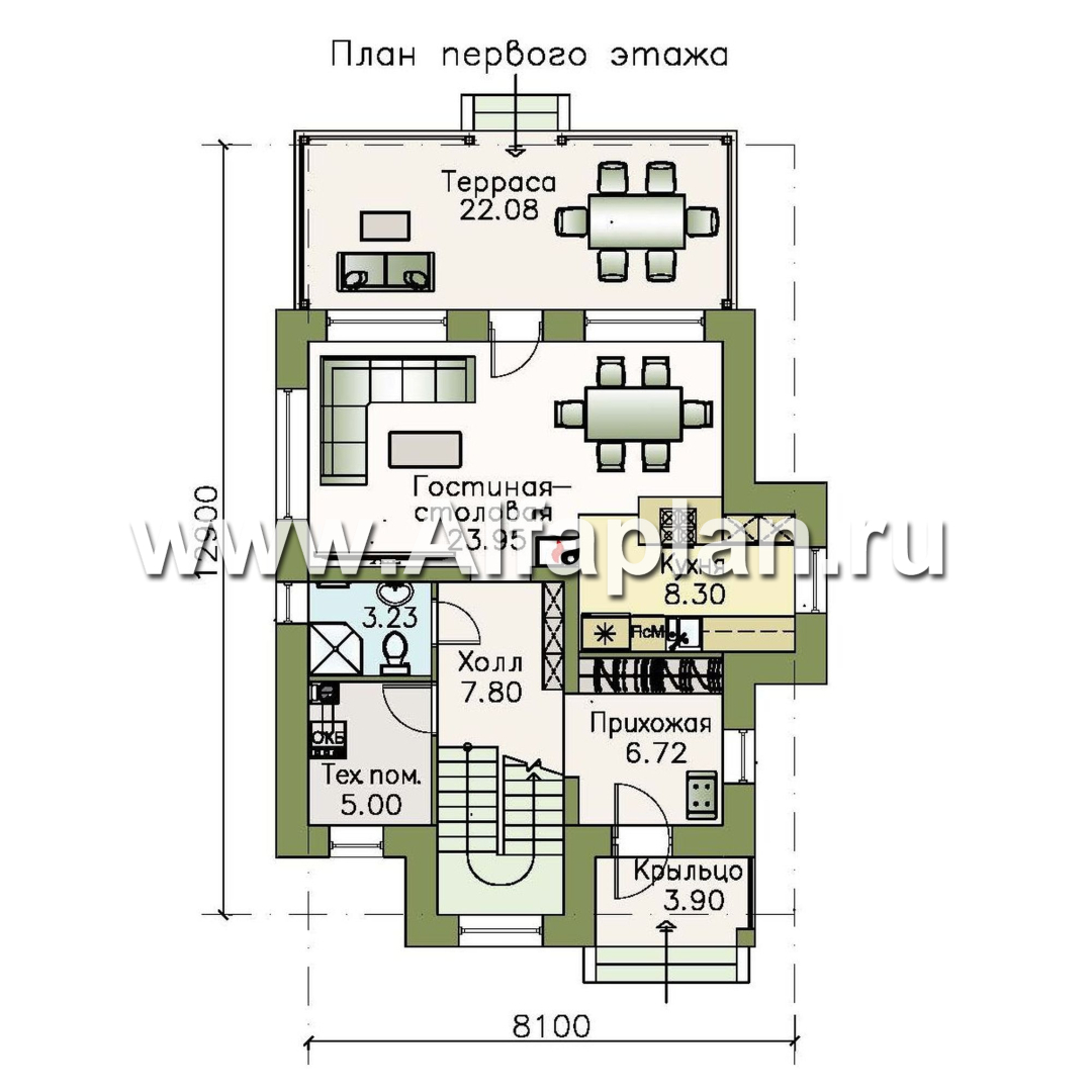 Проекты домов Альфаплан - «Рациональ» - компактный коттедж с полным по высоте вторым этажом - план проекта №1