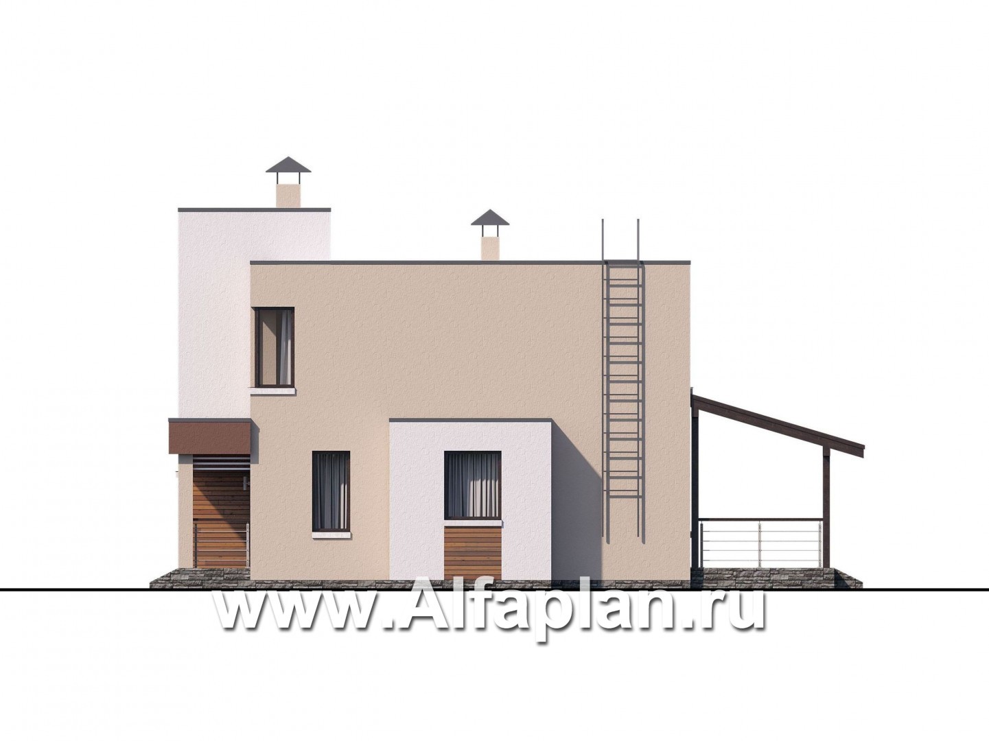 Проекты домов Альфаплан - «Рациональ» - проект двухэтажного дома, в современном стиле, с плоской кровлей - изображение фасада №2