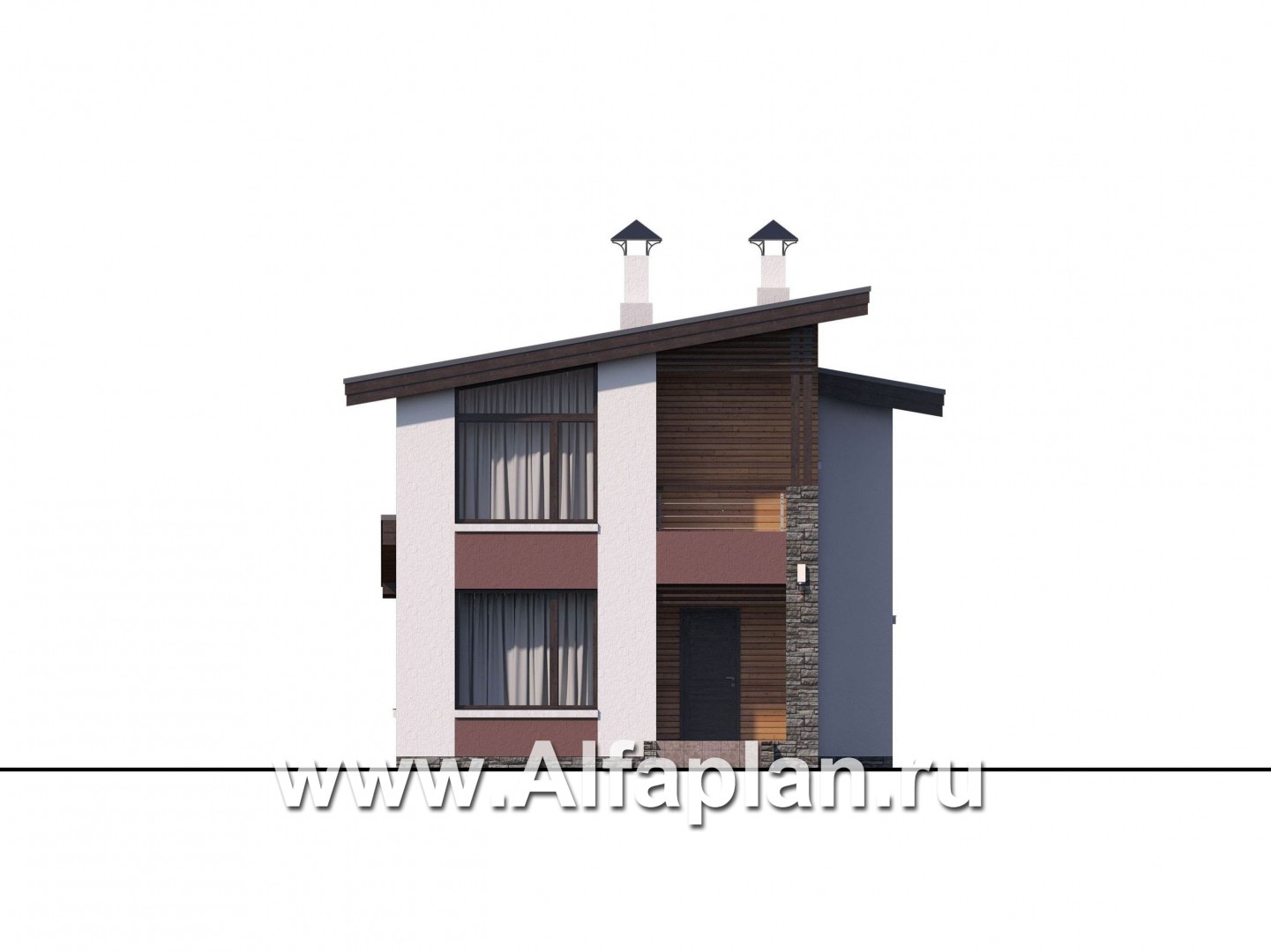 Проекты домов Альфаплан - «Арс» - проект двухэтажного дома, с террасой и с балконом,  односкатная крыша, для узкого участка - изображение фасада №1