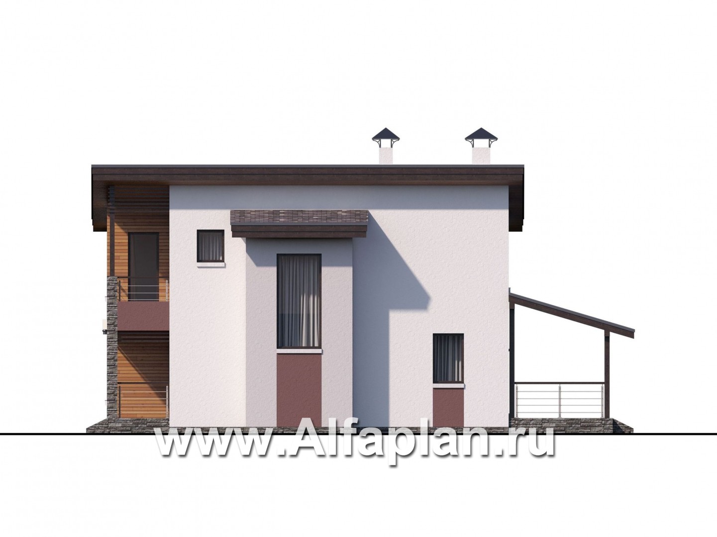 Проекты домов Альфаплан - «Арс» - проект двухэтажного дома, с террасой и с балконом,  односкатная крыша, для узкого участка - изображение фасада №2