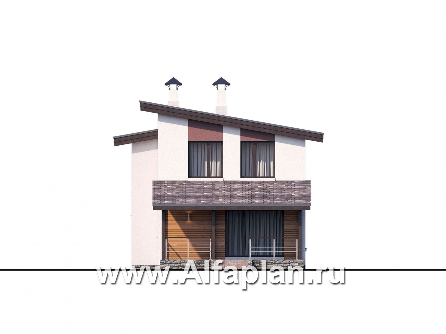 Проекты домов Альфаплан - «Арс» - проект двухэтажного дома, с террасой и с балконом,  односкатная крыша, для узкого участка - изображение фасада №4