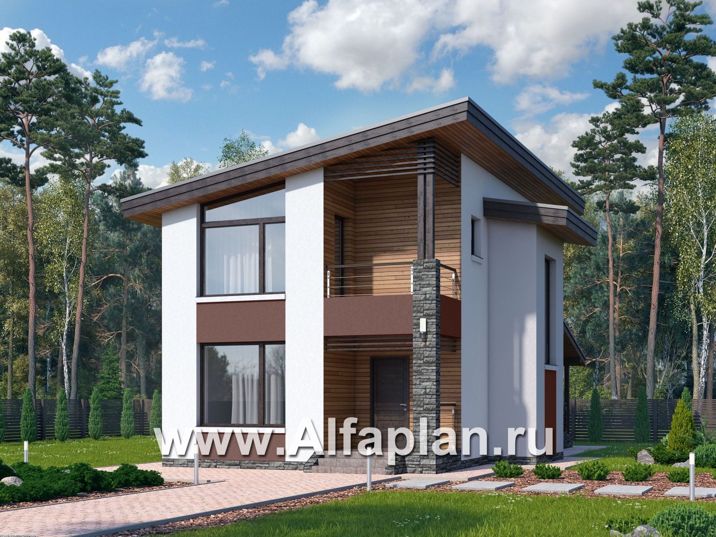 Проекты домов Альфаплан - «Арс» - проект двухэтажного дома, с террасой и с балконом,  односкатная крыша, для узкого участка - основное изображение