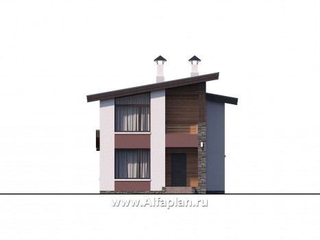 Проекты домов Альфаплан - «Арс» - проект двухэтажного дома, с террасой и с балконом,  односкатная крыша, для узкого участка - превью фасада №1