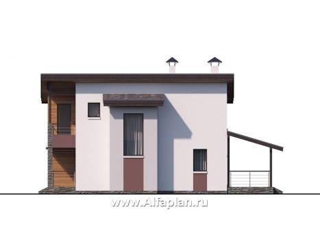 Проекты домов Альфаплан - «Арс» - проект двухэтажного дома, с террасой и с балконом,  односкатная крыша, для узкого участка - превью фасада №2