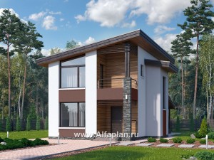 Проекты домов Альфаплан - «Арс» - проект двухэтажного дома, с террасой и с балконом,  односкатная крыша, для узкого участка - превью основного изображения