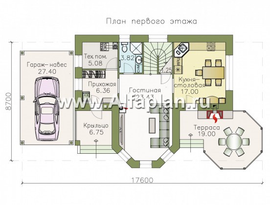 «Притяжение» - проект двухэтажного дома, с эркером и террасой, с гаражом-навесом - превью план дома